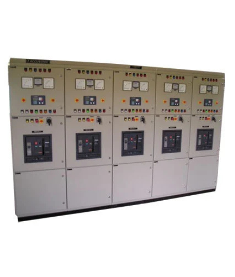 Inside view of a DG load management panel with PLC and relays